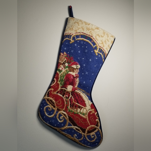 SFERRA Needlepoint Christmas Stocking Mrs Santa Claus on Sleigh Vintage